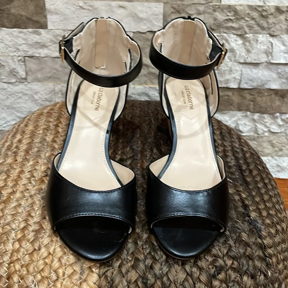 LIZ CLAIBORNE Black Octavia Wedge Shoes with Ankle Strap Sz. 7 1/2 - Picture 3 of 10
